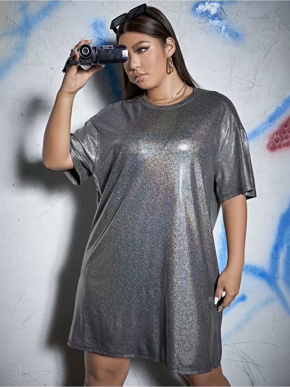 SHEIN Metallic Silver Shimmer Midi Dress
